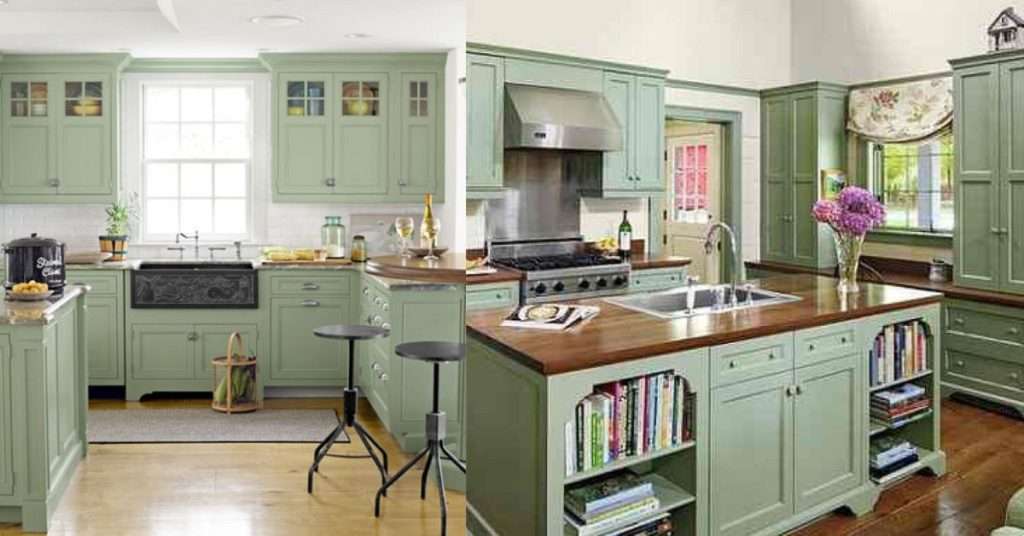 Farmhouse sage green kitchen cabinets
