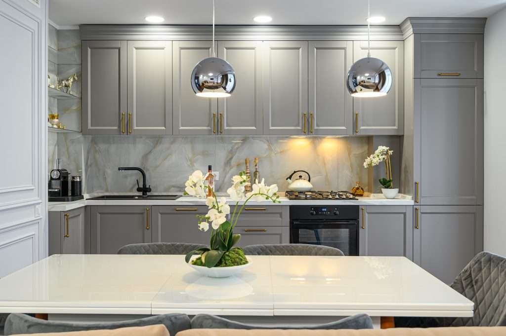 Modern Grey Kitchen Cabinets with White Countertops
