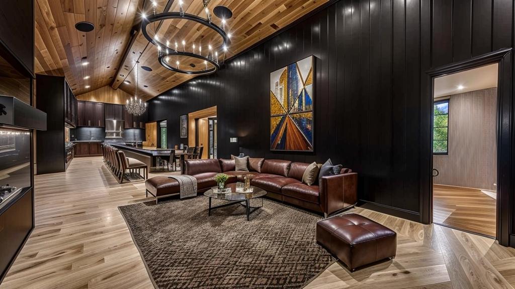 black barndominium with wood accents