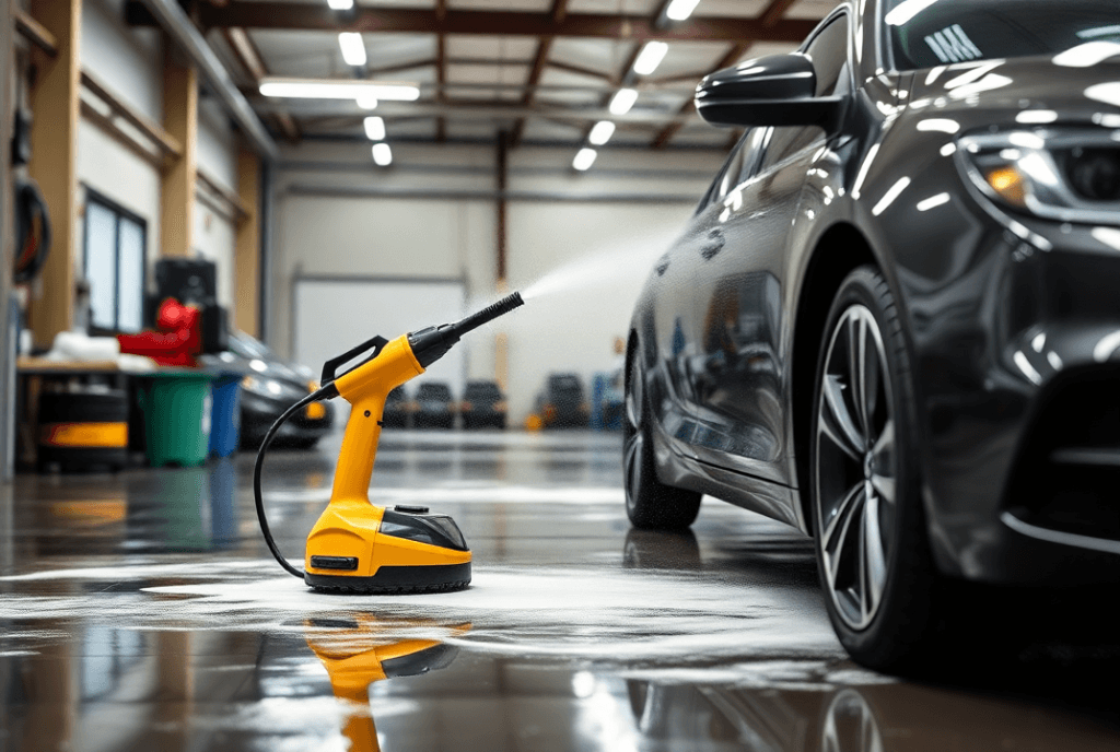 a yellow and black machine steam cleaning a car