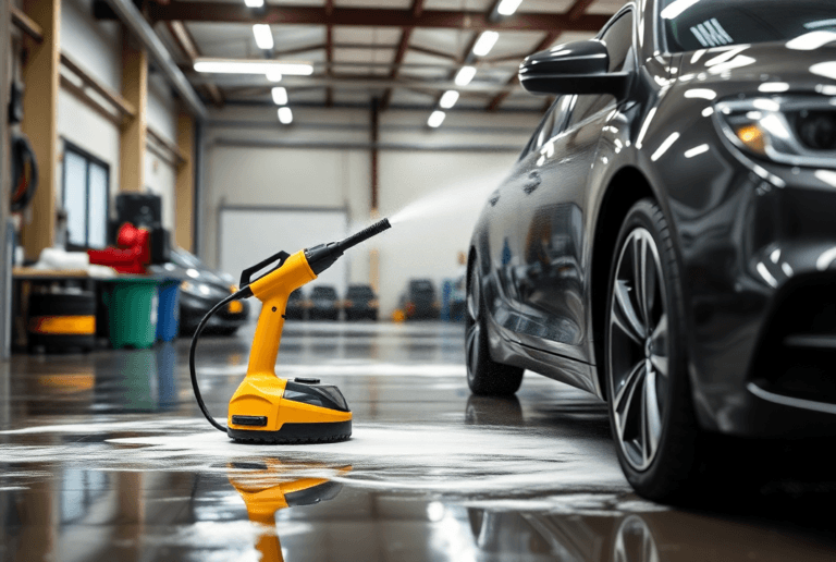 a yellow and black machine steam cleaning a car