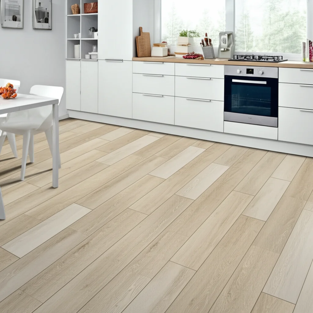 Photorealistic, bright and airy modern kitchen. Focus on the floor, a beautifully laid peel-and-stick vinyl plank floori