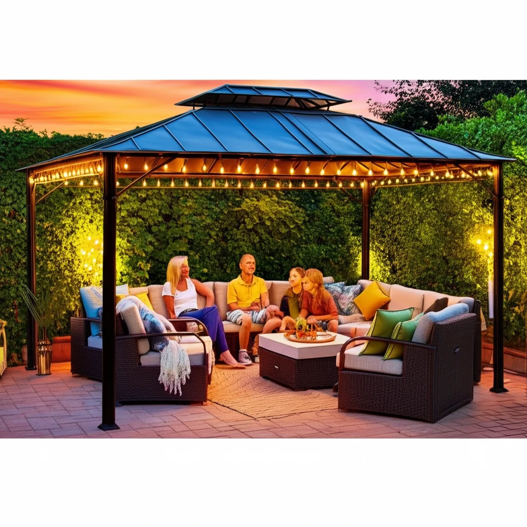 Photorealistic photograph of a 10x10 gazebo in a lush backyard setting at sunset, string lights illuminating the interio