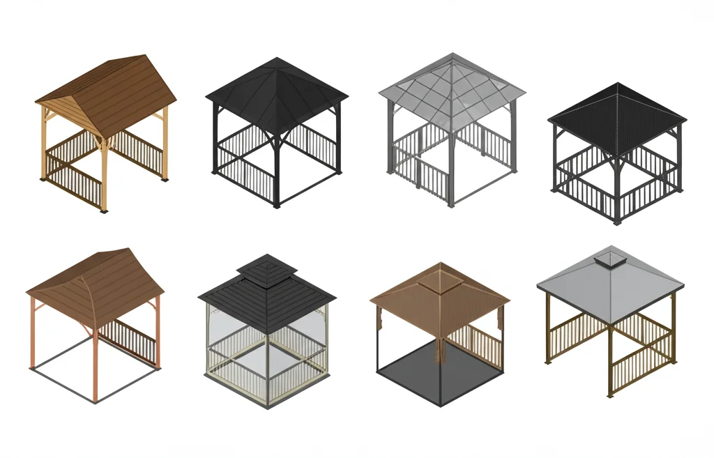A 10x10 gazebo beautifully decorated as an outdoor dining space with a table and chairs.