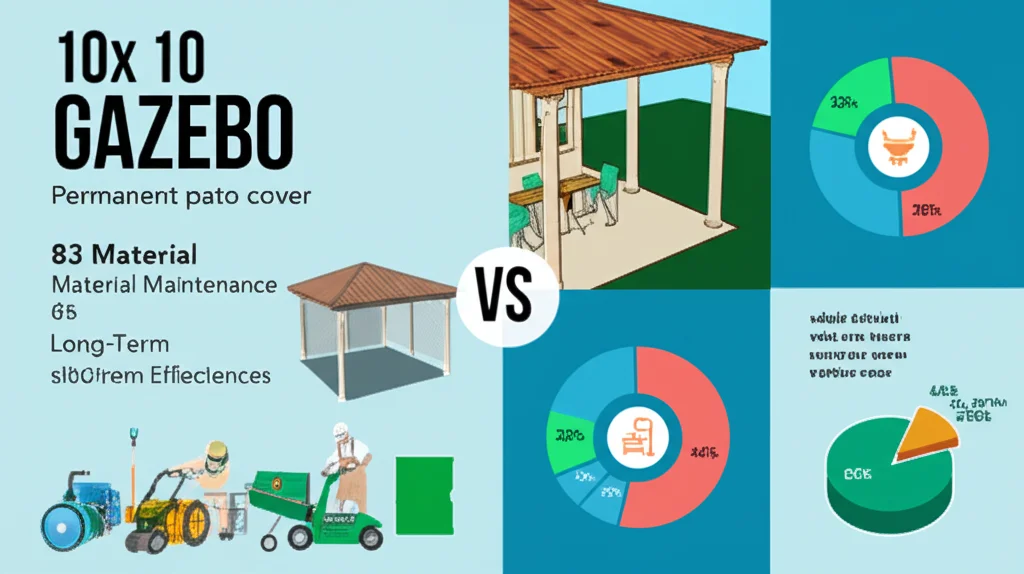 A stylish metal 10x10 gazebo with retractable screens providing shade and insect protection.