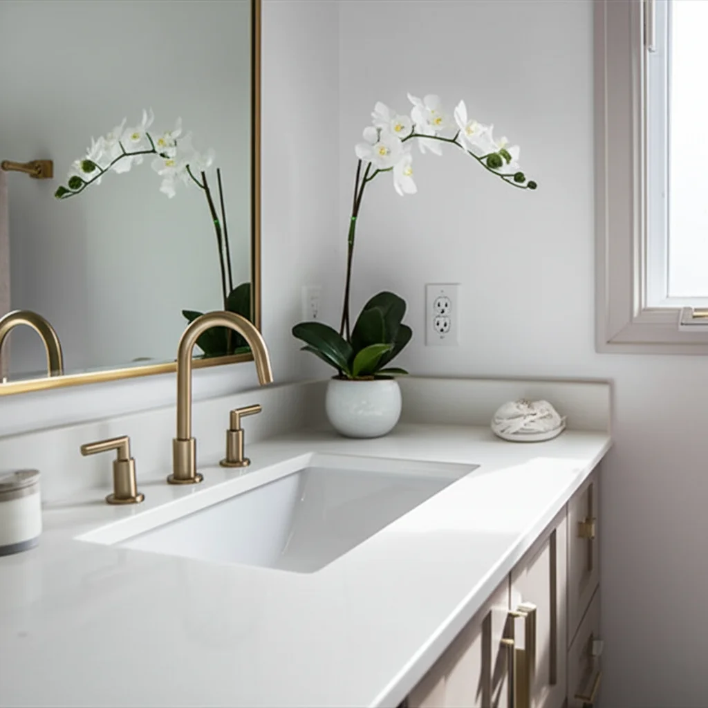 Photorealistic, bright and airy bathroom with a 35.2 x 22 inch white quartz vanity countertop; sleek minimalist design,