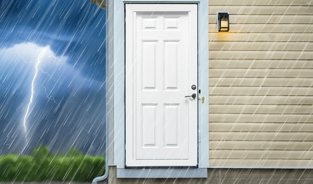 Cinematic photograph, low angle shot of a modern beige home exterior during a violent thunderstorm, showcasing a pristin
