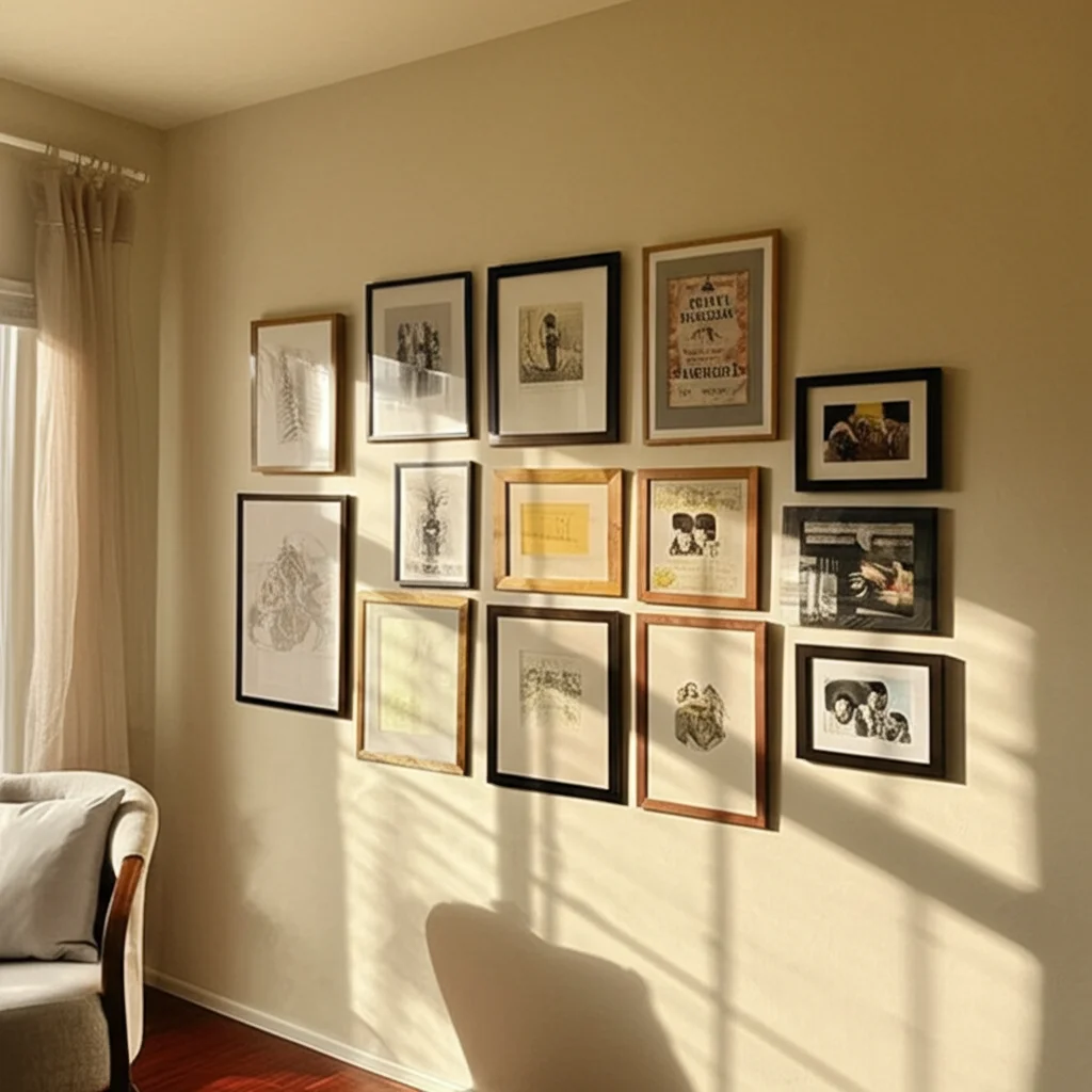 A sunlit living room corner showcasing a gallery wall with multiple 9x12 frames displaying diverse art prints and family
