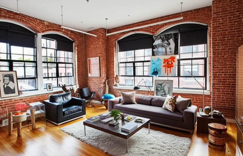 Cinematic photo of Naomi Watts and Liev Schreiber's former Soho loft, bathed in soft natural light filtering through lar