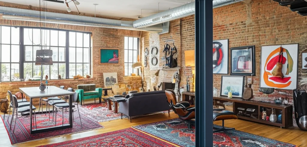 Photorealistic interior of a Tribeca loft, bohemian chic meets industrial, exposed brick, soaring ceilings, flooded with