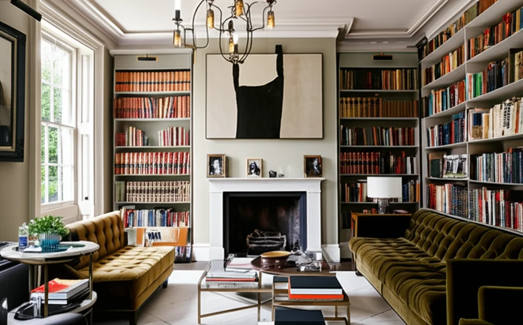 Photorealistic, wide-angle interior shot of Benedict Cumberbatch's elegantly furnished London townhouse living room. Flo