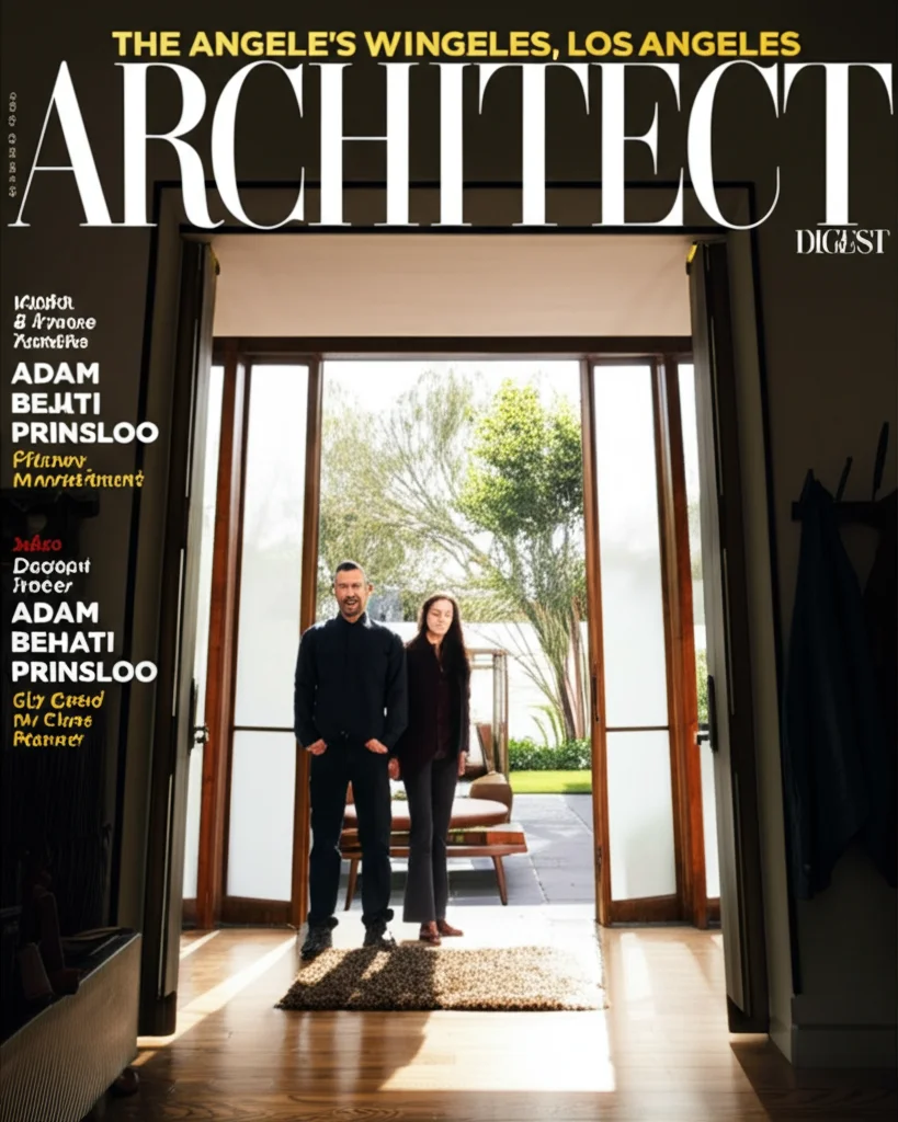 Architectural Digest cover photo, Adam Levine and Behati Prinsloo standing in the doorway of their stunning Los Angeles
