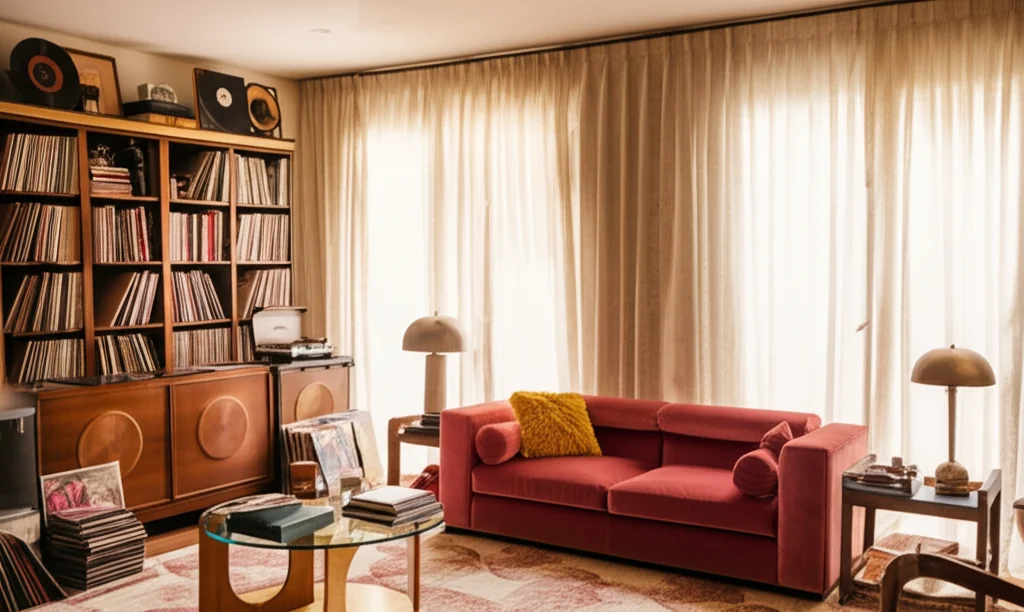 Photorealistic, wide-angle interior shot of Adele's living room in Los Angeles. Soft natural light filtering through lin