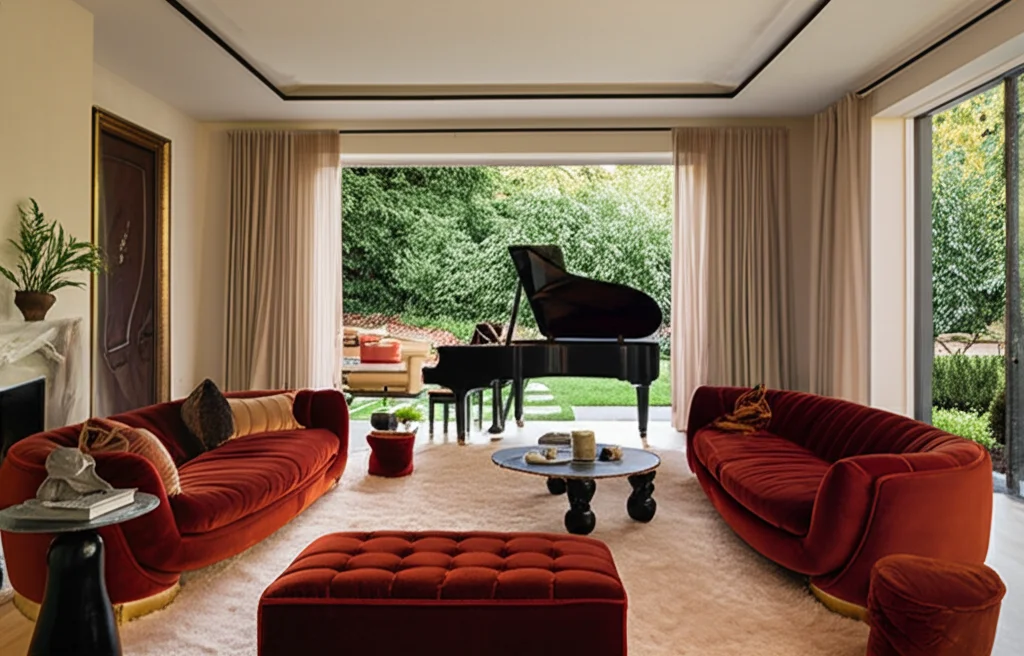 Ultra-realistic, cinematic photograph of Adele's living room in her new Los Angeles mansion. Warm, inviting atmosphere,
