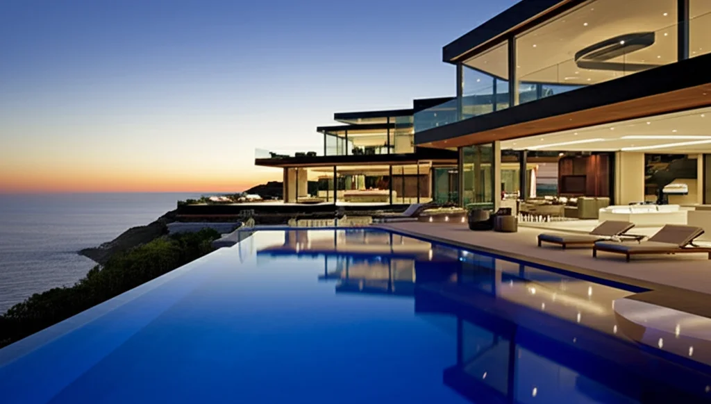 Cinematic architectural photograph, exterior view of Alicia Keys and Swizz Beatz's Razor House at sunset. Dramatic light