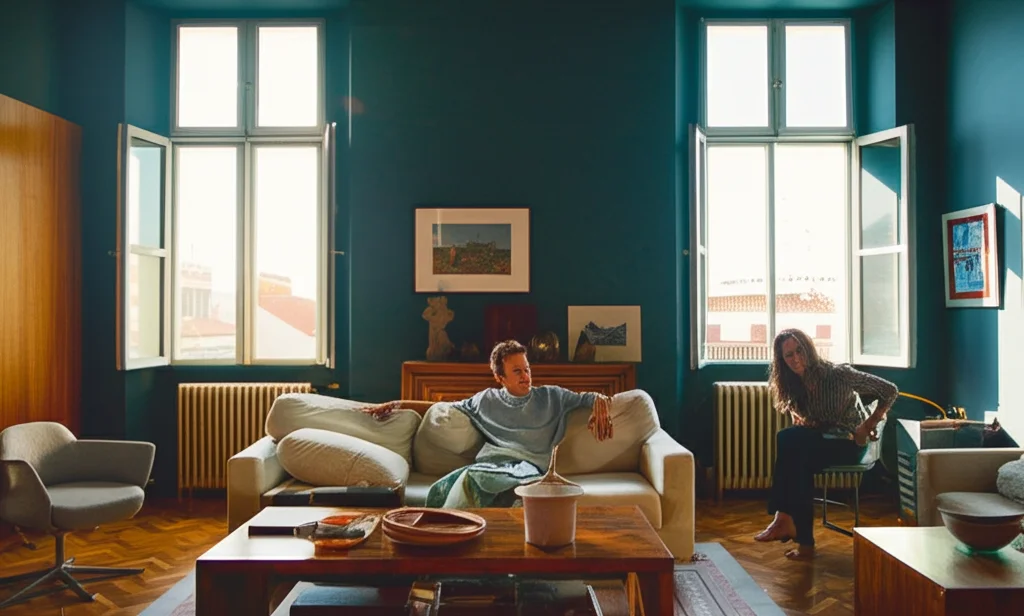 Cinematic photograph of Alicia Vikander and Michael Fassbender in their Lisbon apartment, bathed in warm Portuguese sunl