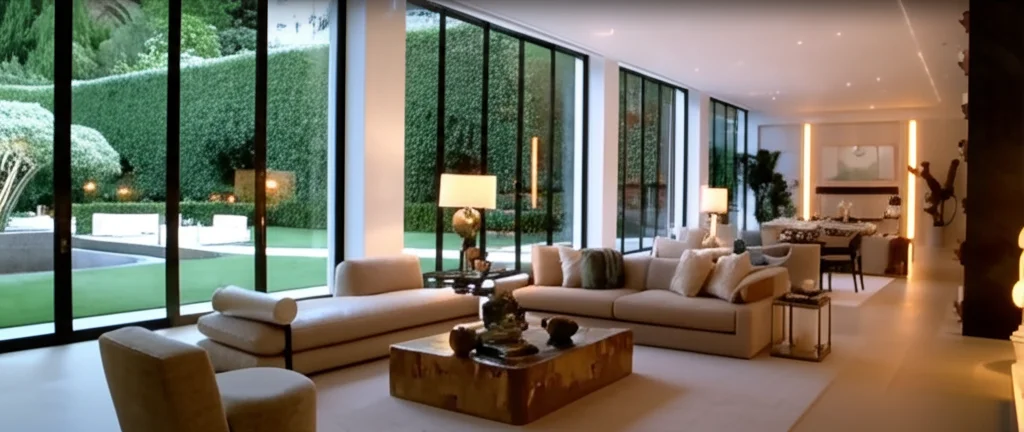 Cinematic wide shot capturing Ariana Grande's Beverly Hills living room, floor-to-ceiling windows overlooking a lush gar