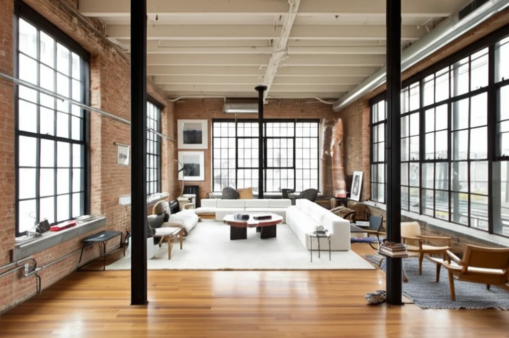Photorealistic, wide-angle interior shot of Ashley Olsen's New York loft, bathed in natural light from oversized windows