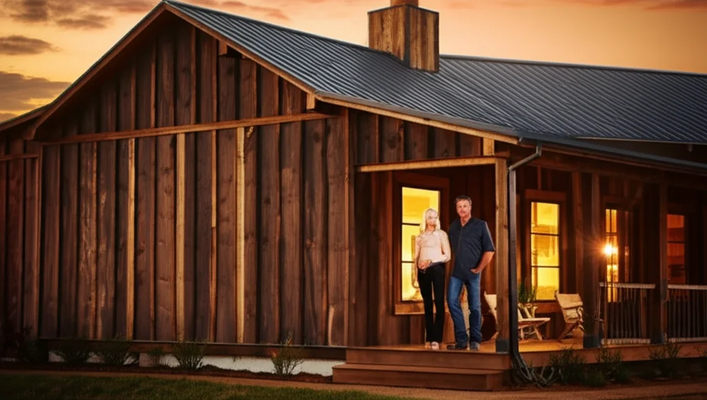 Cinematic photograph capturing Blake Shelton and Gwen Stefani standing on the porch of their Oklahoma ranch house at sun