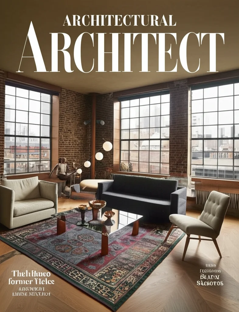 Architectural Digest magazine cover, photorealistic interior, Bradley Cooper and Irina Shayk's former Tribeca loft, expo