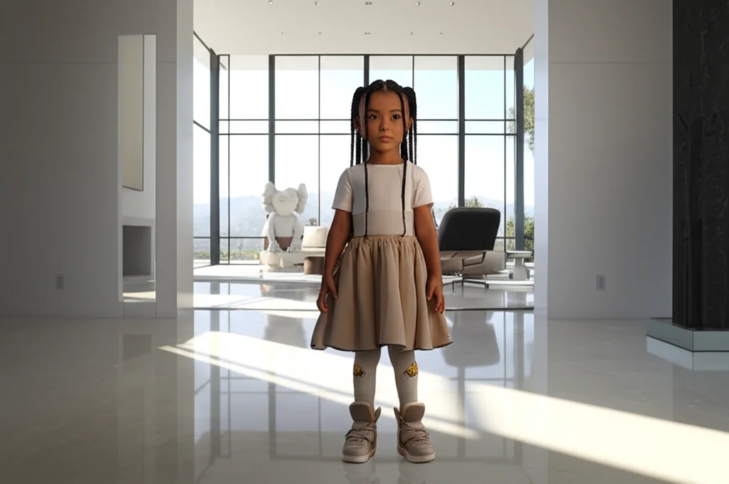 Hyperrealistic photograph of Chicago West, age 6, standing in the sprawling, minimalist living room of Kim Kardashian's