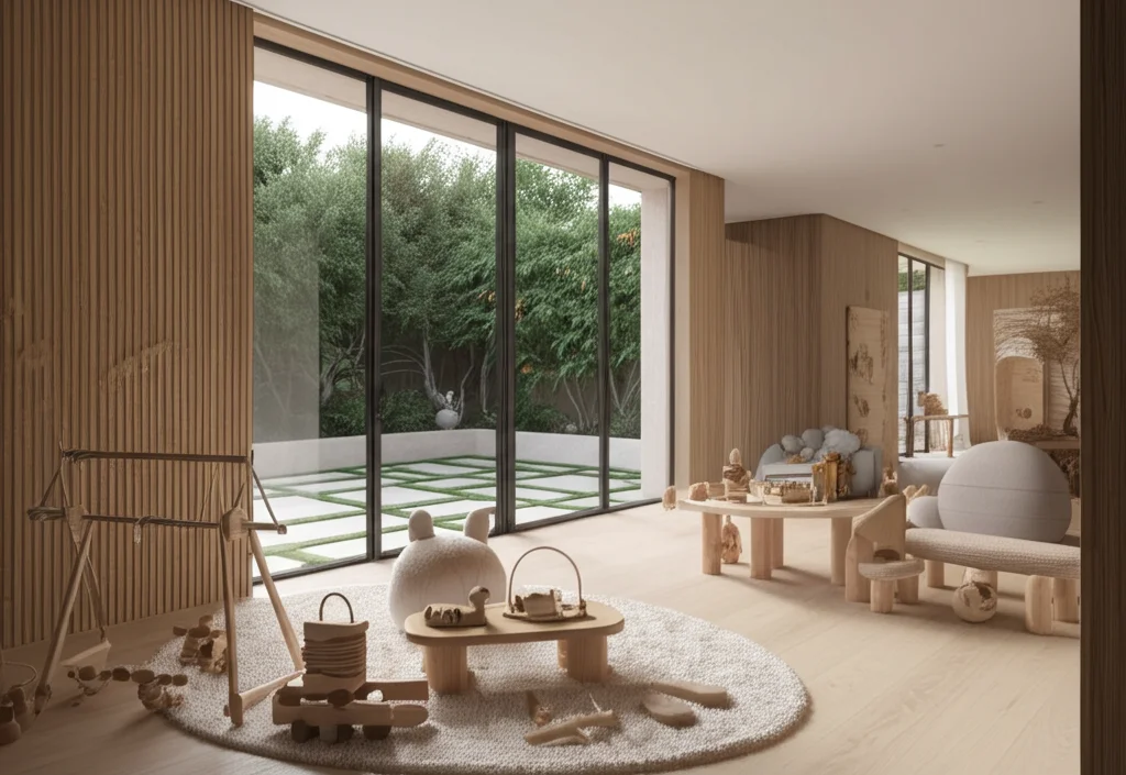 Ultra-realistic architectural photograph of the interior of Kim Kardashian's Calabasas mansion focusing on Chicago West'