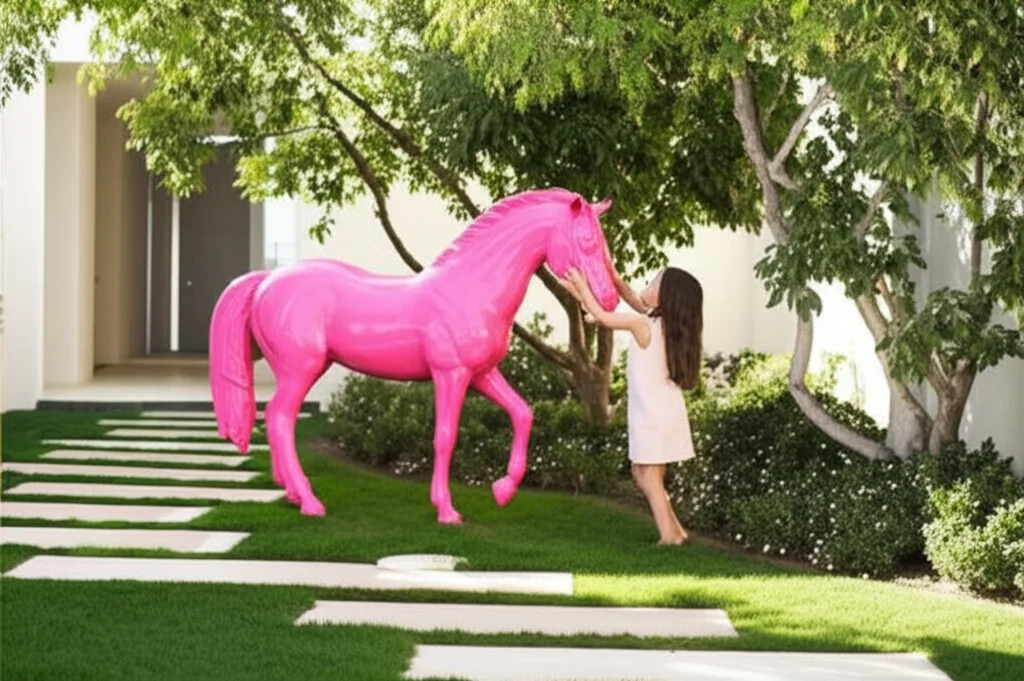 Cinematic photograph, Chicago West, age 5, playfully interacting with a custom-designed pink pony statue in Kim Kardashi