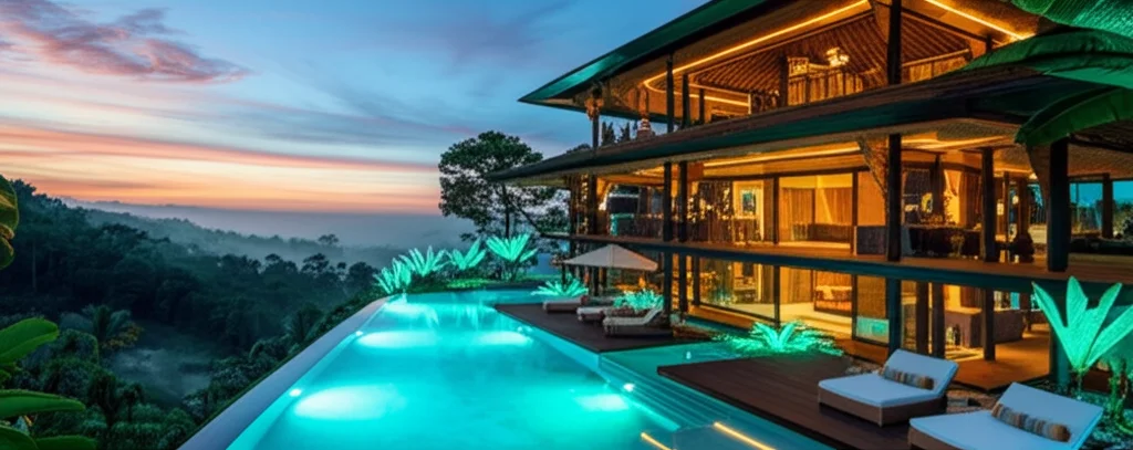 Photorealistic panoramic view of Diplo's secluded jungle home, bioluminescent plants illuminate a modern Balinese-inspir
