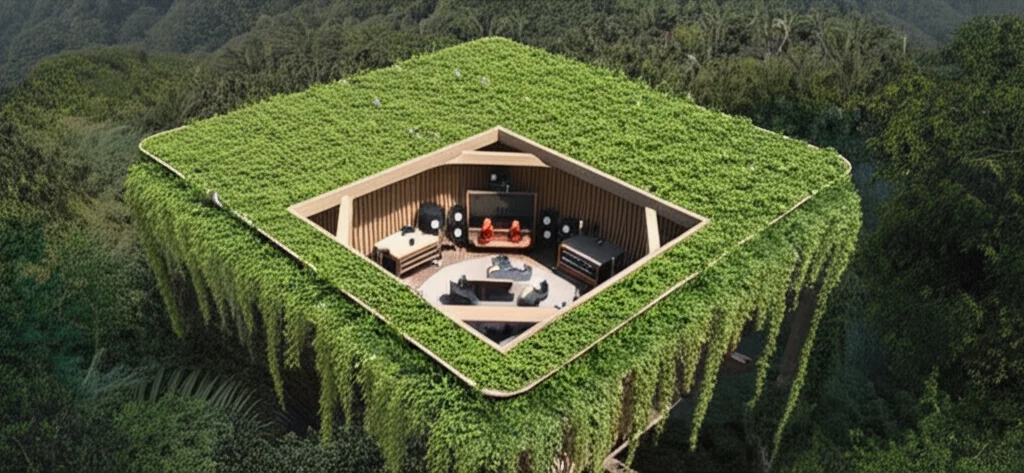 A cozy living room scene featuring rattan furniture, patterned pillows, and lush greenery, reflecting the essence of Diplo's exotic jungle paradise home.