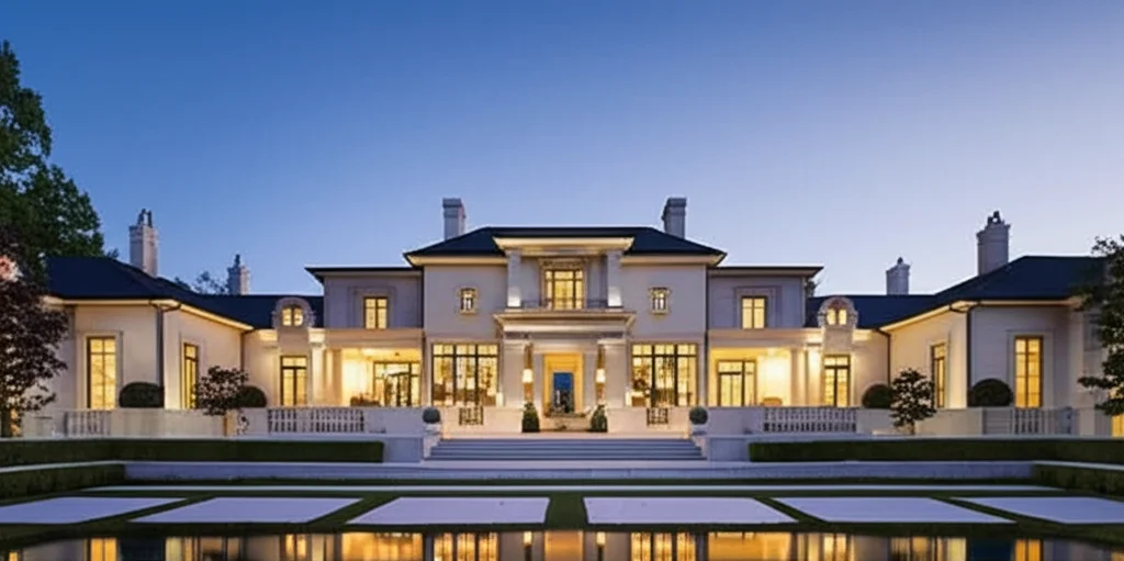 Cinematic photograph, dusk, exterior view of Drake's Toronto mansion, 'The Embassy', illuminated with warm, inviting lig
