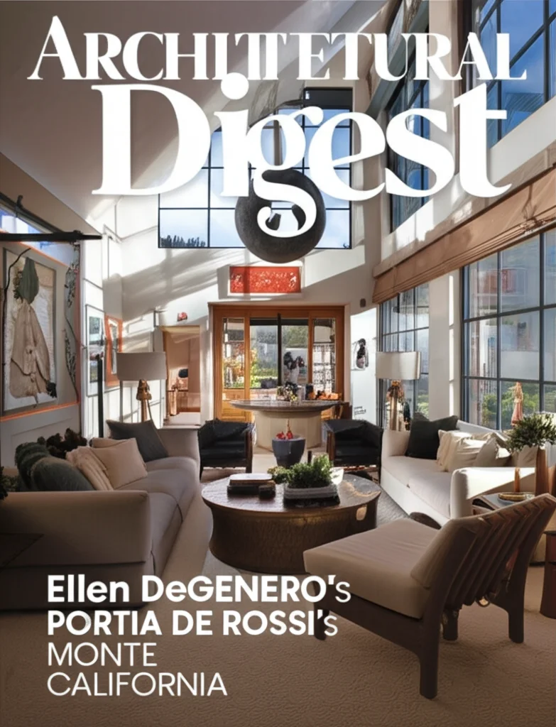 Architectural Digest cover photo, Ellen DeGeneres and Portia de Rossi's Montecito living room, California light streamin