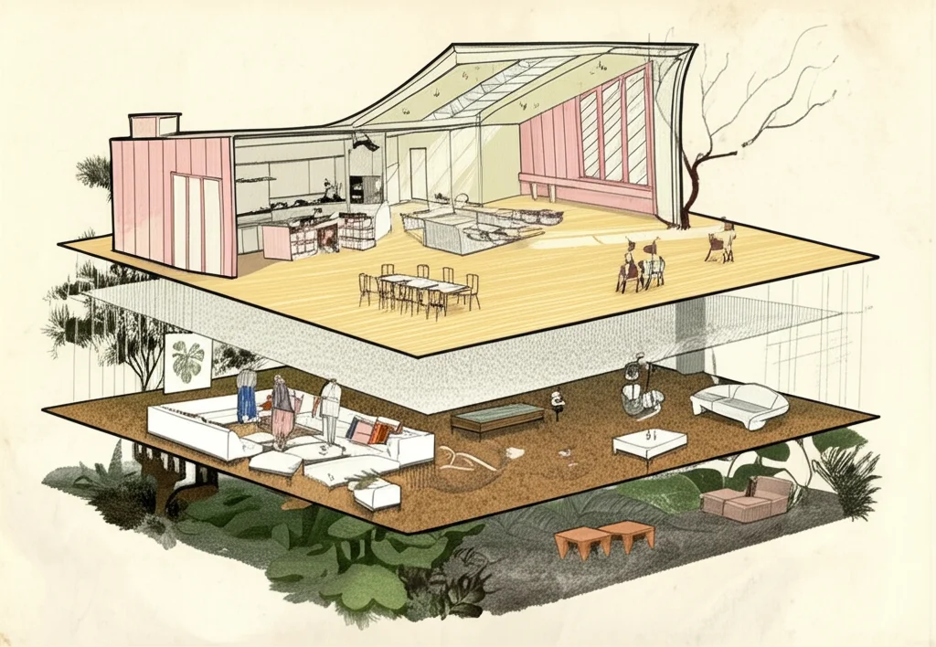 Interior view of Ellen DeGeneres and Portia de Rossi's Montecito estate, showing the living room with its stylish furniture and art.