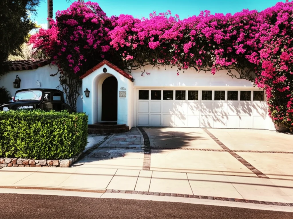 Cinematic photograph, exterior of Emma Stone's Spanish Revival home in Los Angeles, lush bougainvillea cascading down wh