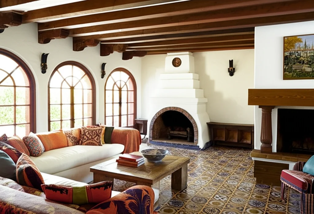 Emma Stone's Spanish Revival living room with a fireplace, showcasing classic architectural details.