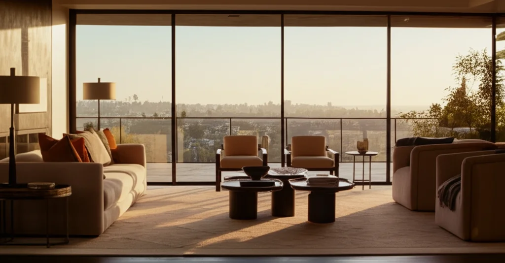 Cinematic photograph, Eva Longoria's sun-drenched Beverly Hills living room, showcasing a modern, minimalist design with