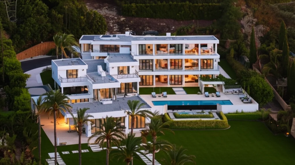 Cinematic wide shot, aerial perspective of Jennifer Lopez and Ben Affleck's $68 million Beverly Hills mansion. Lush land