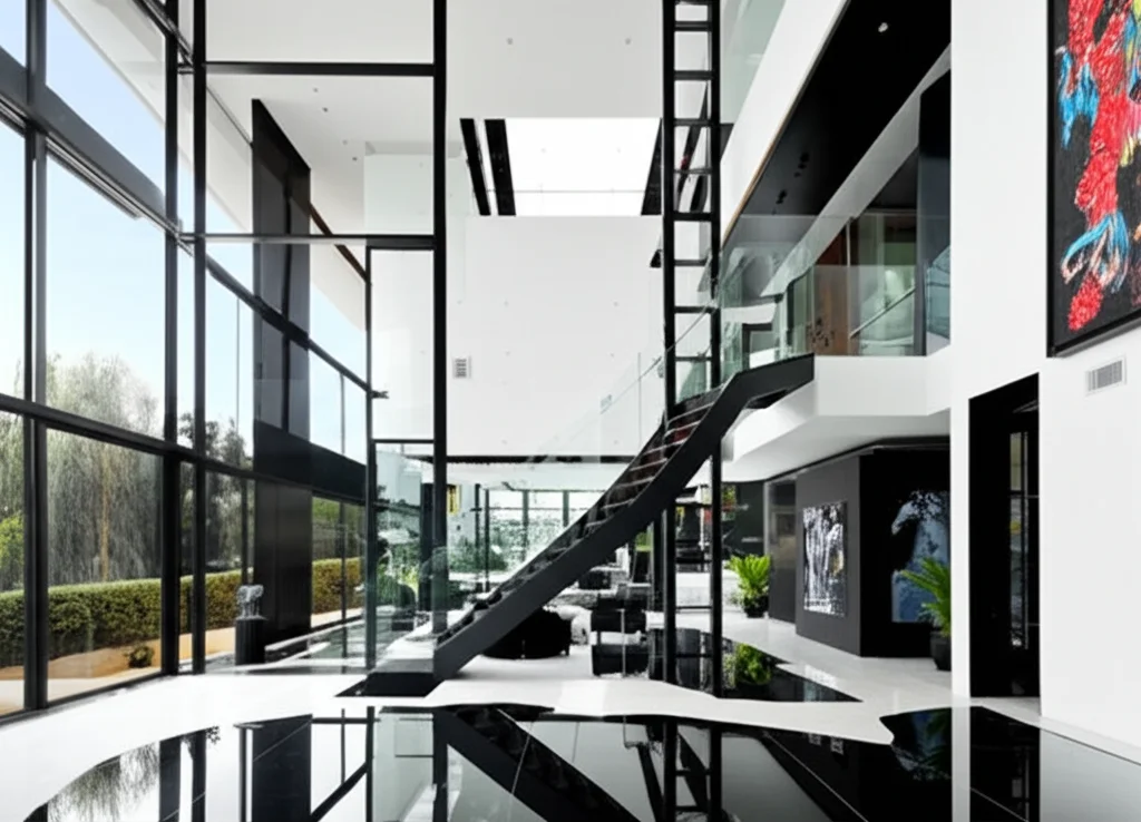 Architectural photograph, Gene Simmons' Beverly Hills home interior, sleek modern design, soaring ceilings, black and wh