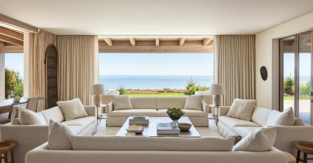 Architectural photograph, Gwyneth Paltrow and Brad Falchuk's Hamptons mansion, capturing the serene living room bathed i