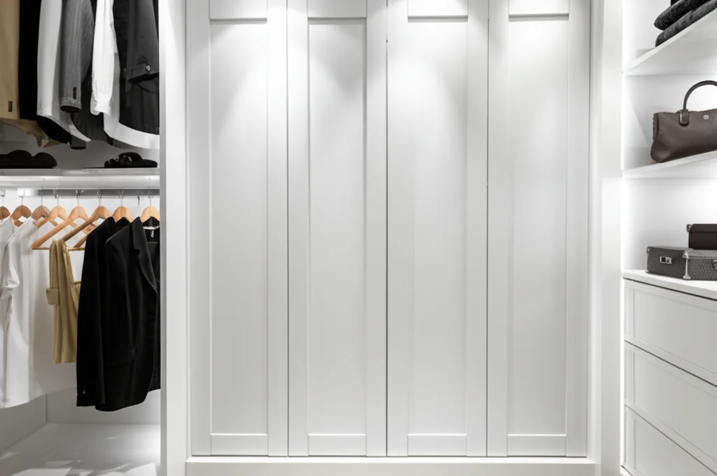 Photorealistic, bright interior of a modern walk-in closet. Focus on a pair of 48x80 shaker-style double doors made of p