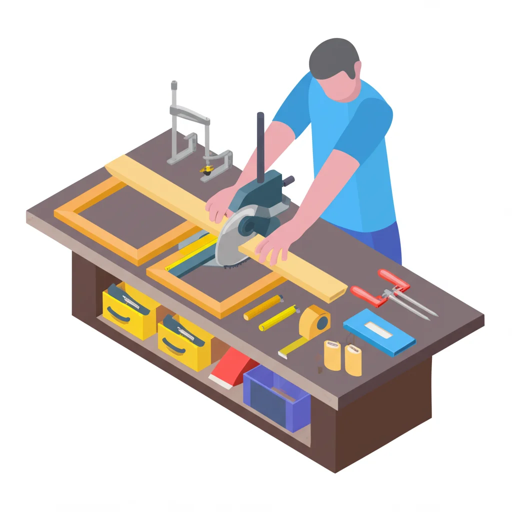 A selection of DIY framing tools, including a measuring tape, utility knife, cutting mat, and various framing supplies.