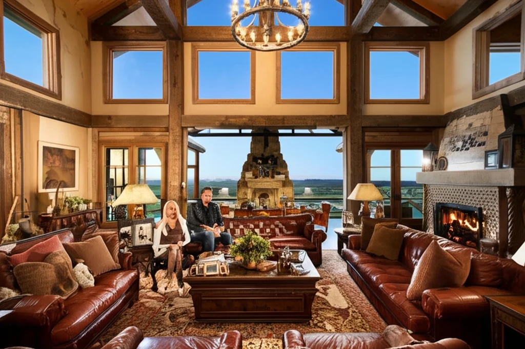 Hyperrealistic photograph, wide angle shot of Blake Shelton and Gwen Stefani's Oklahoma ranch living room, rustic chic d
