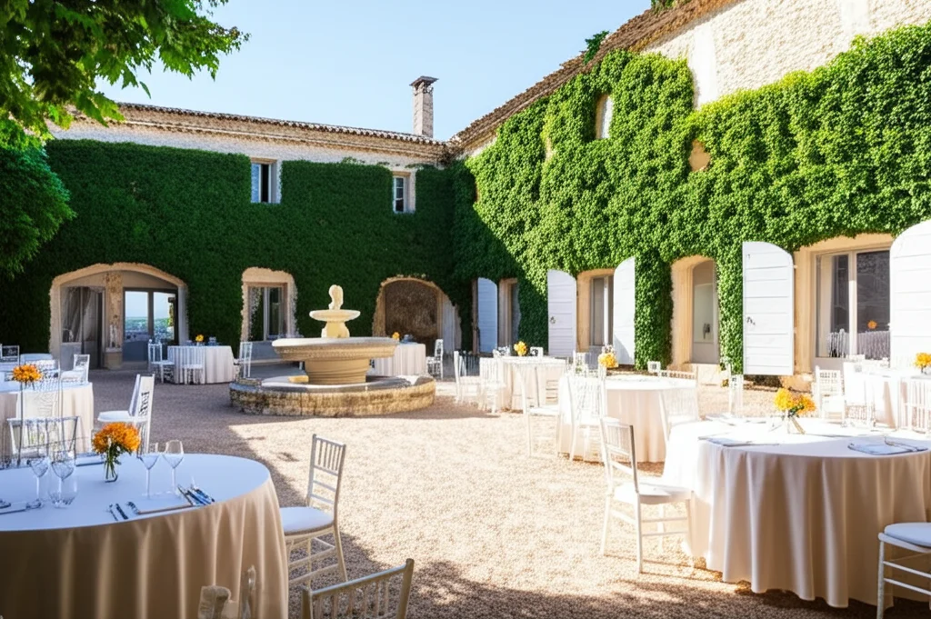 Photorealistic, cinematic wide shot The sun-drenched courtyard of Château Miraval, France. Ancient stone walls draped wi