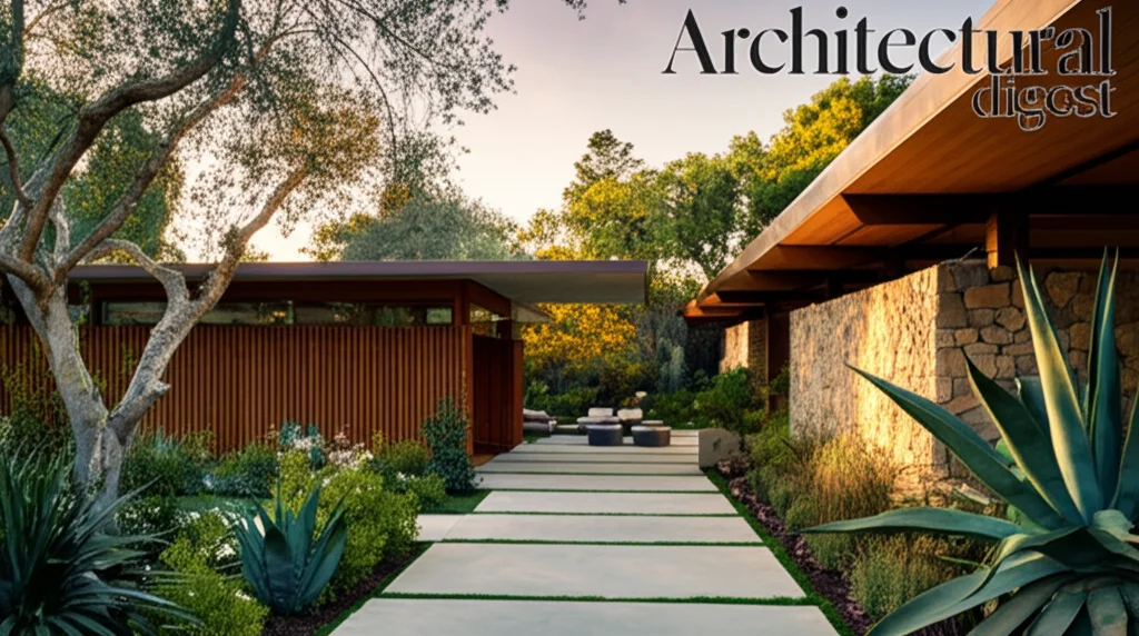 Architectural digest cover photo, Brad Pitt's sprawling Los Angeles home compound at sunset, blending mid-century modern