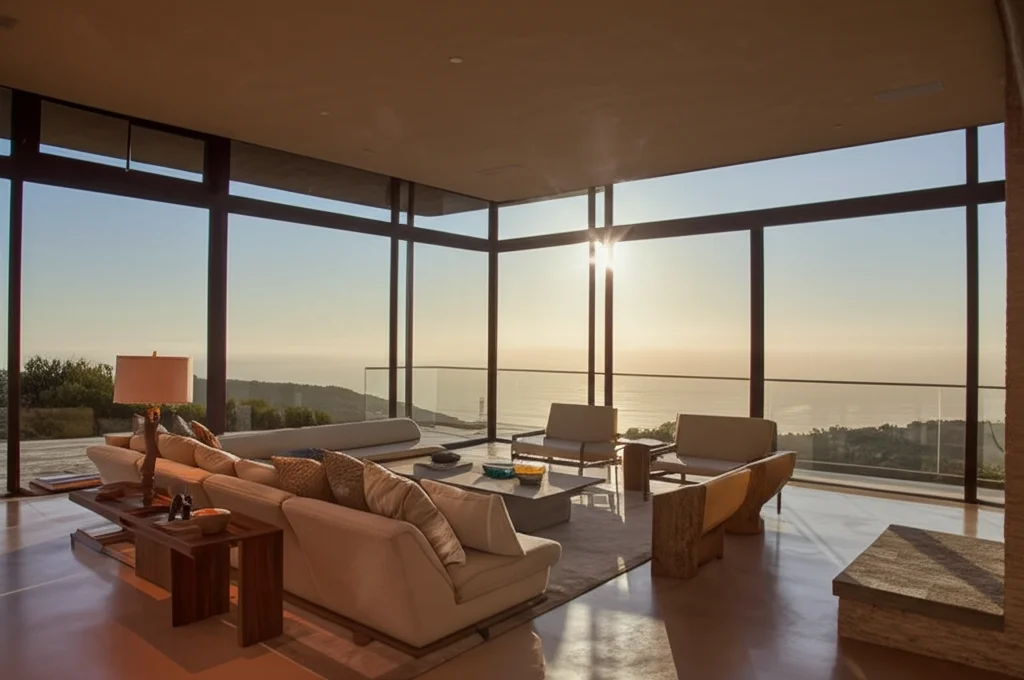 Cinematic photograph, interior of Caitlyn Jenner's Malibu hilltop living room at sunset. Floor-to-ceiling windows overlo