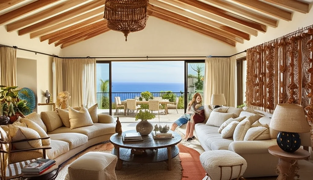 Cinematic photograph, interior, Cameron Diaz and Benji Madden's Malibu mansion, sun-drenched living room, bohemian chic