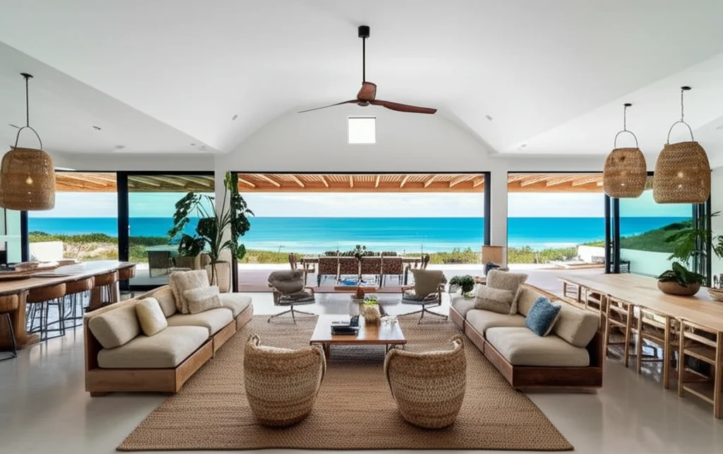Photorealistic wide-angle interior shot of Chris Hemsworth and Elsa Pataky's Byron Bay mansion, showcasing the open-plan
