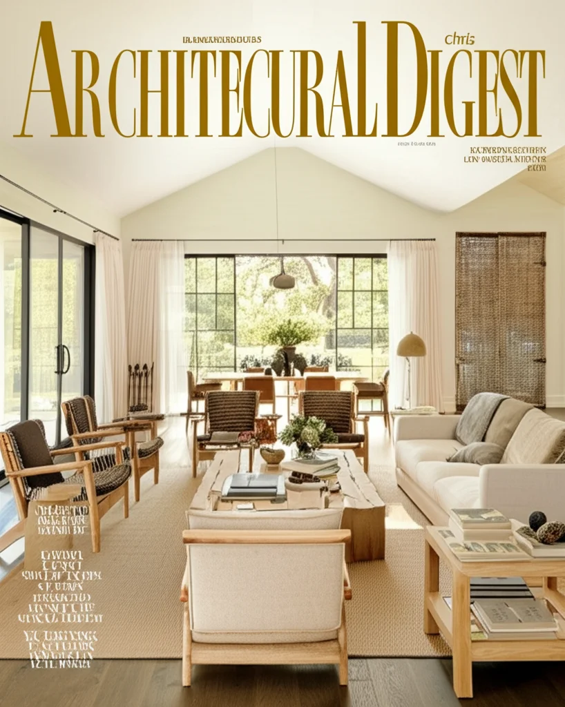 Architectural Digest cover photo, interior of Chris Pratt and Katherine Schwarzenegger's sun-drenched Los Angeles living