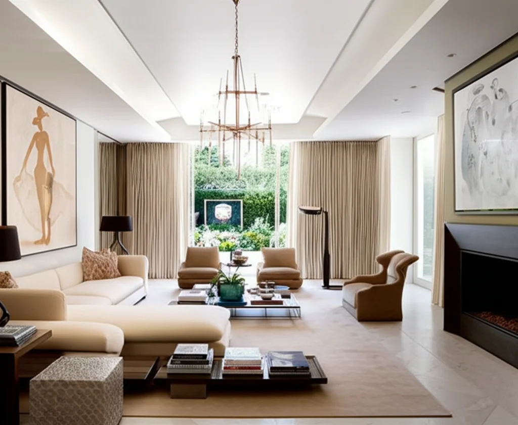 Photorealistic, wide-angle interior shot of David and Victoria Beckham's London home living room; high ceilings, natural