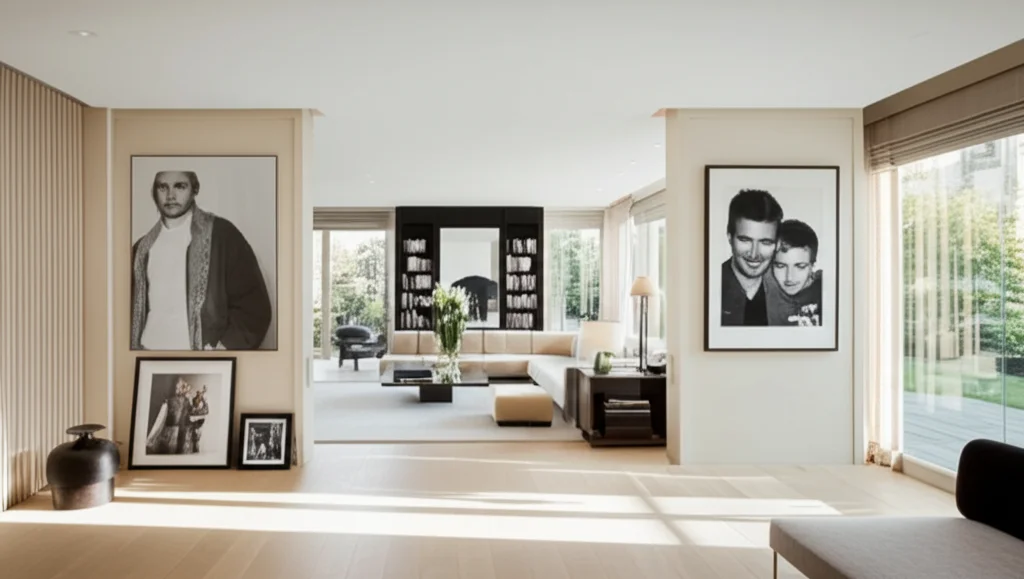 Cinematic interior photograph, wide angle, showcasing David and Victoria Beckham's living room in their London home, fea