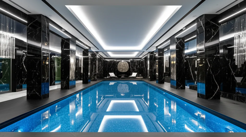 Cinematic photorealistic interior of Drake's 'The Embassy' manor house in Toronto. Focus on the opulent indoor swimming